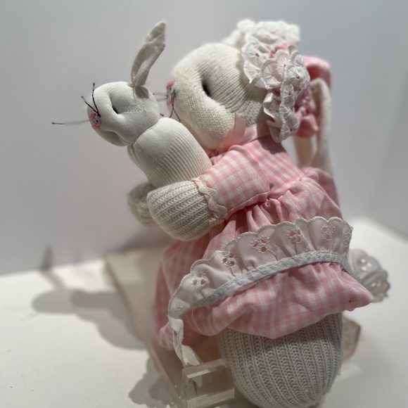 Vintage Handcrafted Socks and Pink Gingham Bunny Mommy and Baby Bunny - Picture 4 of 13